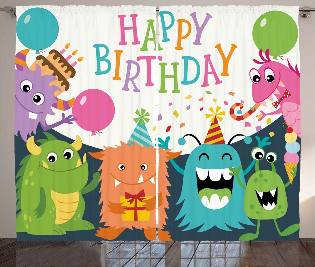 ABAKUHAUS Geburtstagsparty Rustikaler Vorhang, Monster-Geburtstag, Wohnzimmer Universalband Gardinen mit Schlaufen und Haken, 280 x 245 cm, Mehrfarbig