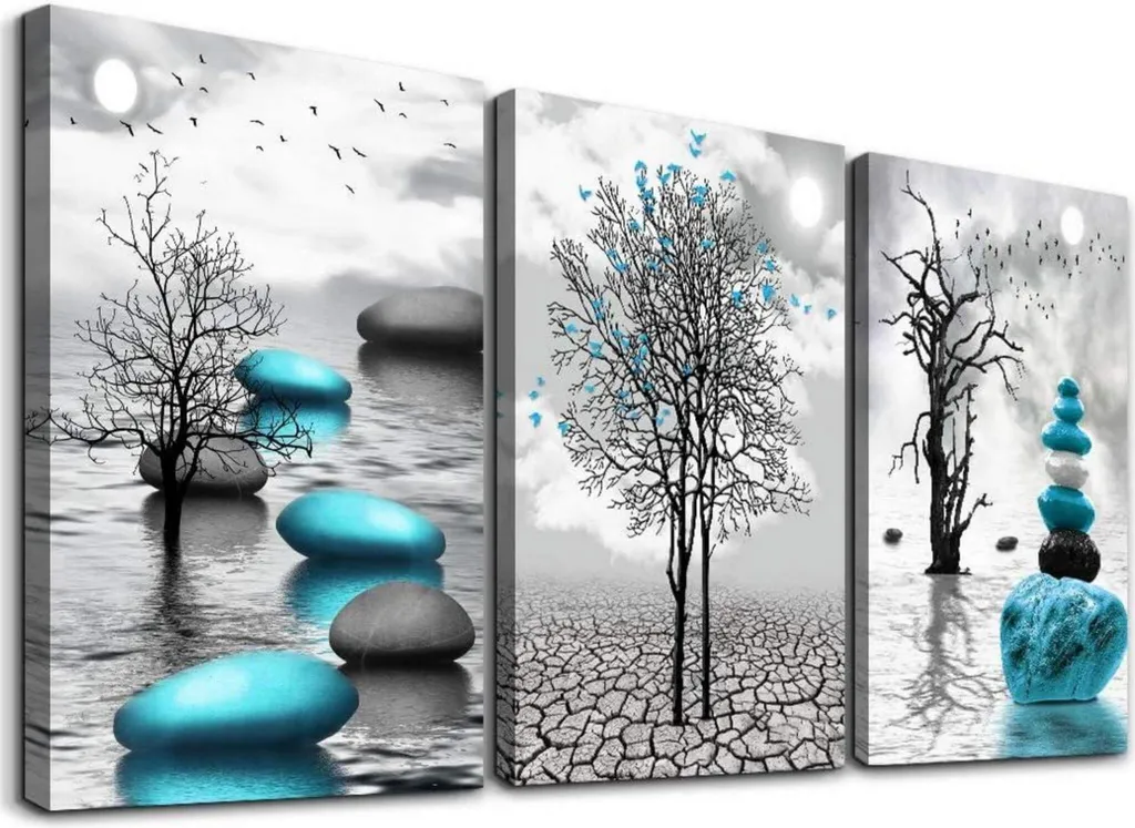 Tableaux grand arbre lac paysage noir blanc triptyque salon 40x58 cm