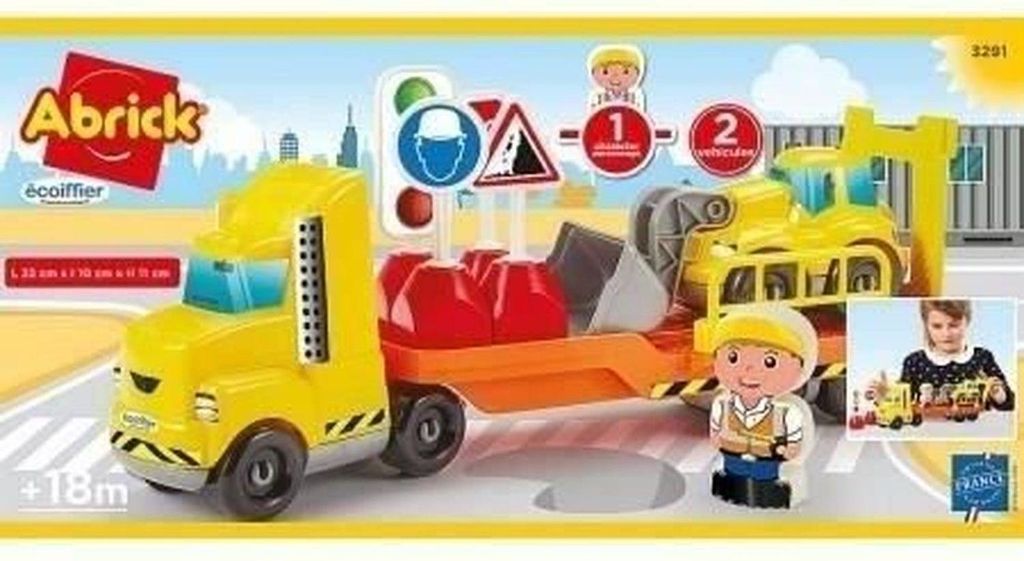 Spielzeug-Bagger und LKW mit Zubehör für die Baustelle – Gelb