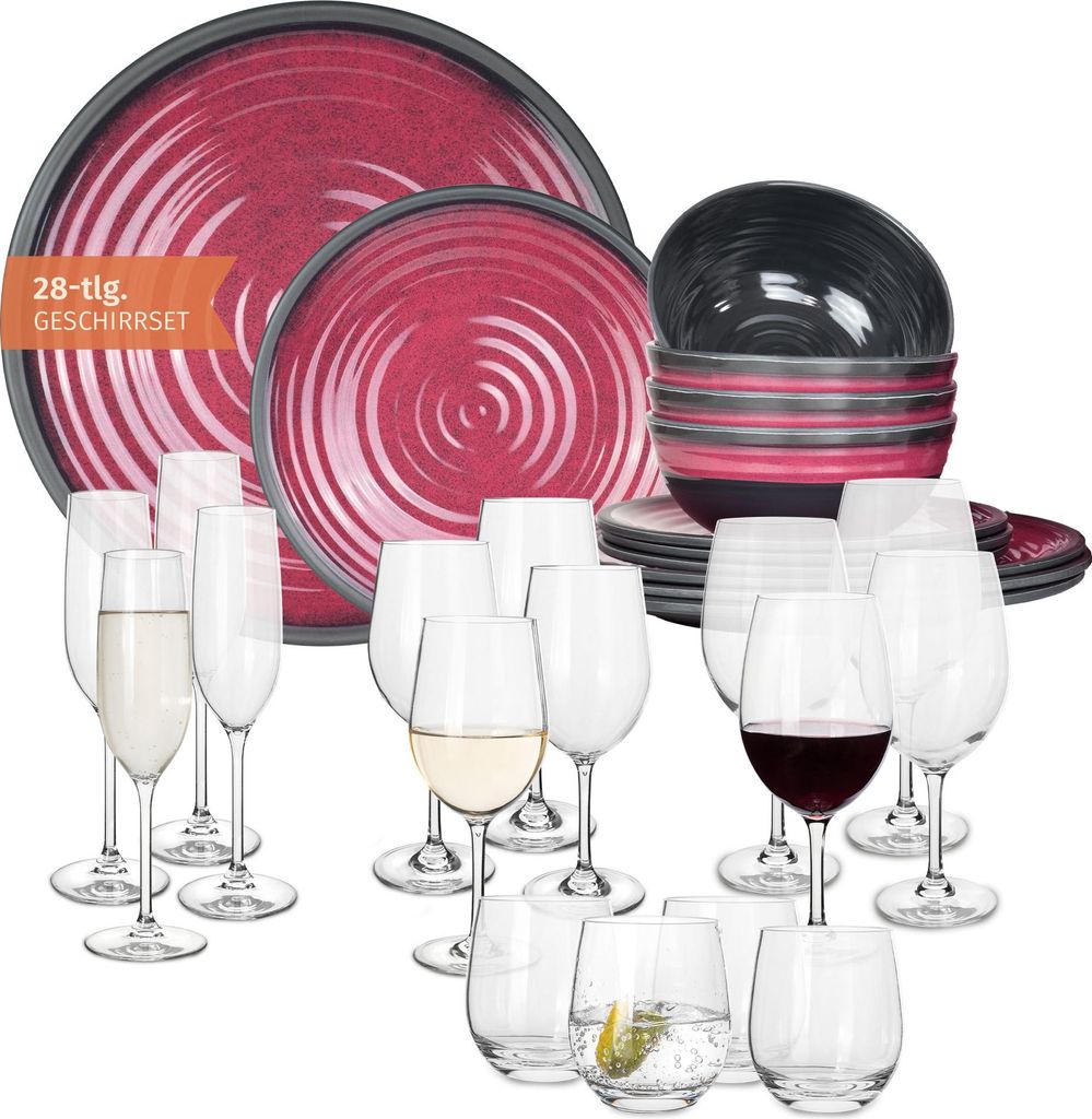 Melamin Camping Geschirr Set 4 Personen Stone Red + 16 Tiamo Gläser Wassergläser Weingläser Champagner-Gläser Flûtes Tafelgeschirr Picknick BB...