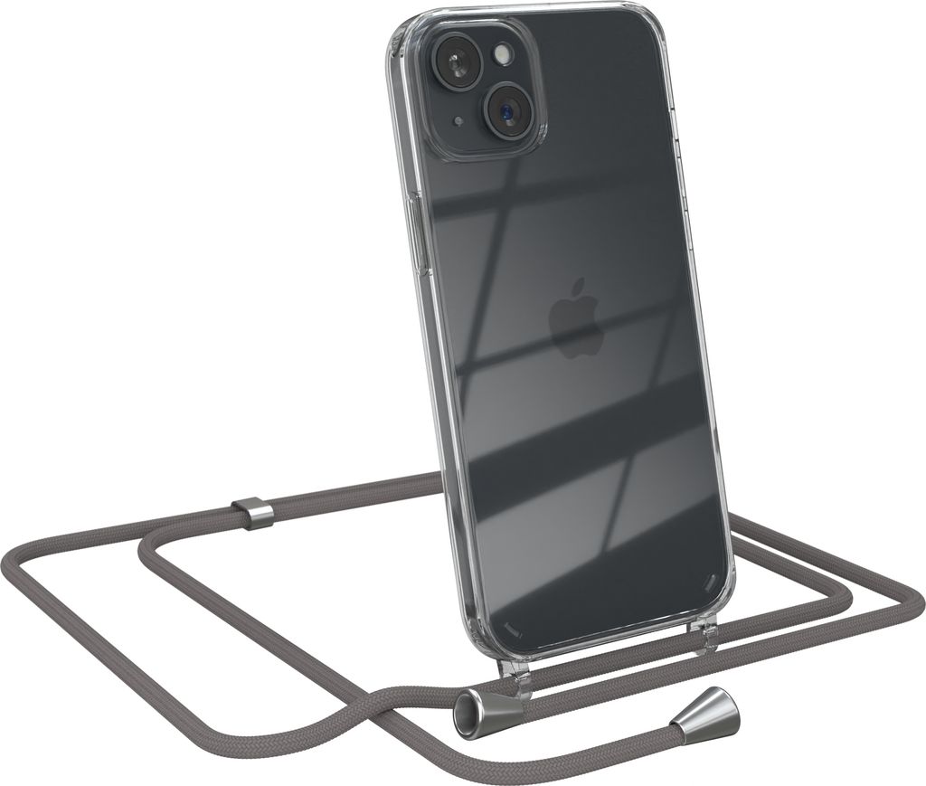 EAZY CASE Handykette kompatibel mit Apple iPhone 15 Plus, Handyhülle mit Umhängeband, Handykordel, Schutzhülle Clear, Band in Grau