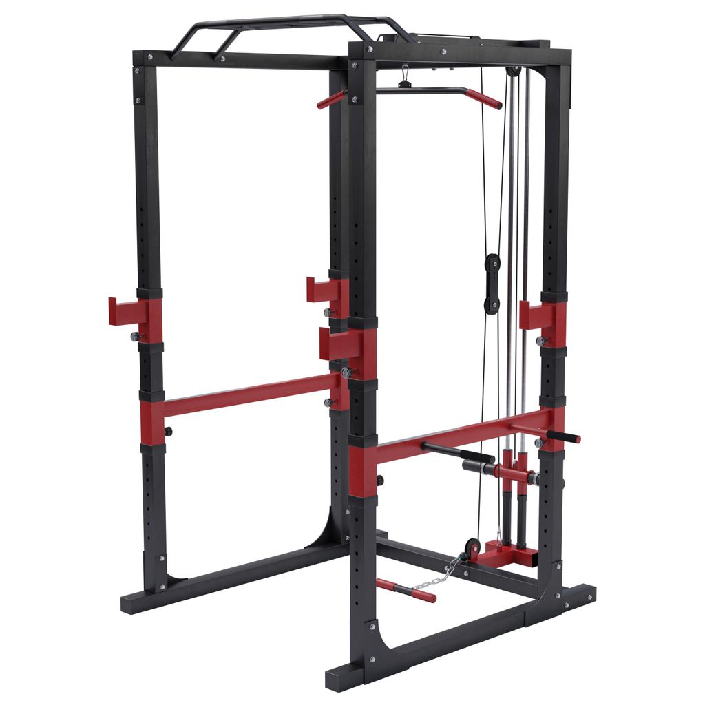 GORILLA SPORTS Power Rack - mit Klimmzugstange, Kabelzug, Latzug und Hantelablagen, Multigriff, Verstellbar, Stahl - Power Cage, Kraftstation