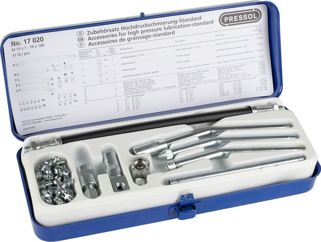 Pressol Standard-Zubehörsatz-M 10 x 1 im stabilen Blechkasten 17 020
