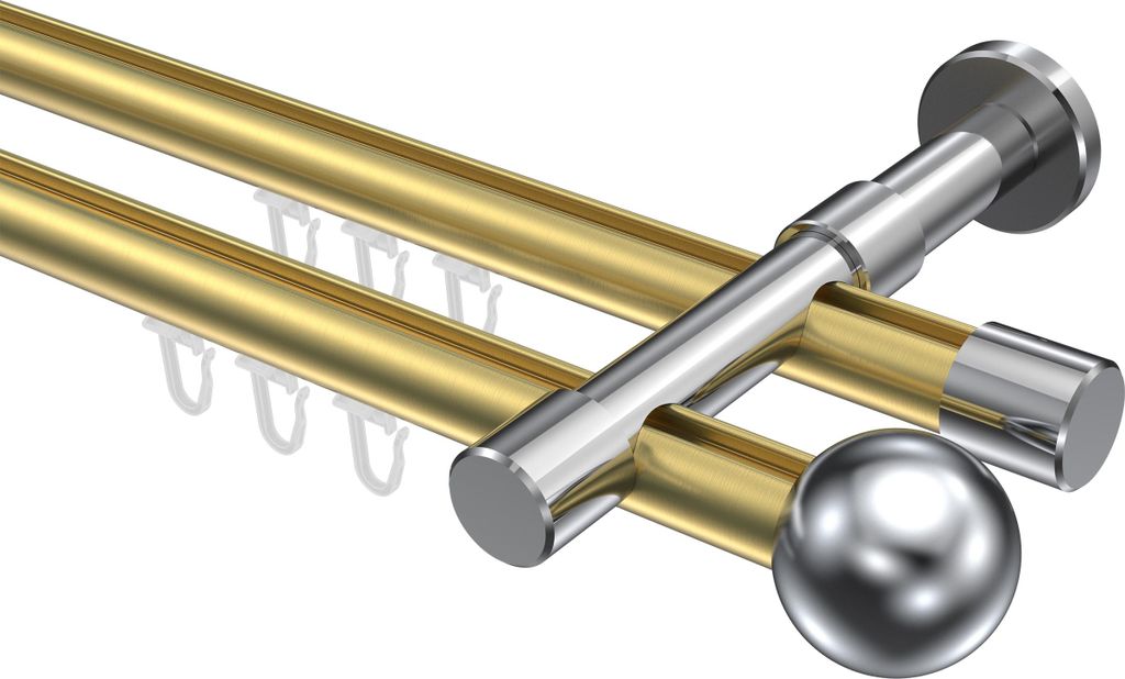 Interdeco Innenlaufstange / Gardinenstange mit Innenlauf Messing-Optik / Chrom, Typ Prestige Luino (Kugel), 20 mm Ø 2-läufig, 220 cm