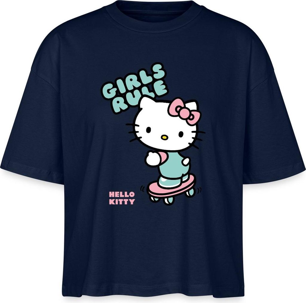 Spreadshirt Hello Kitty Auf Skateboard Girls Rule Boxy Shirt Damen, S, Navy