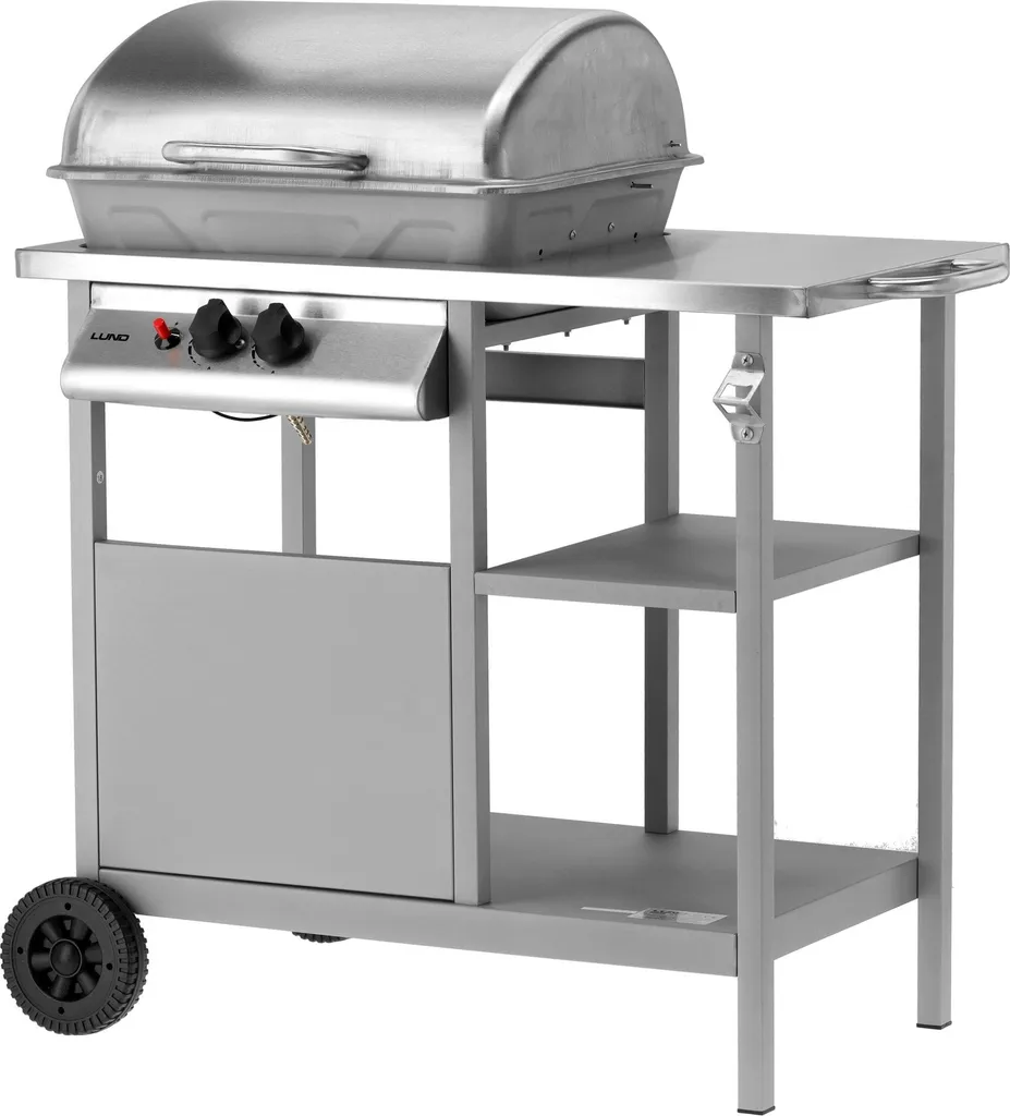 Barbecue à gaz en inox avec 2 brûleurs performants et tablettes latérales