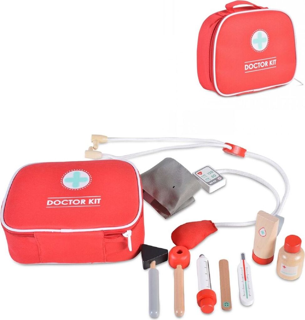 Moni Holzspielzeug Erste Hilfe Set 4501 Arztkoffer, 10-tlg, Tasche, Thermometer rot