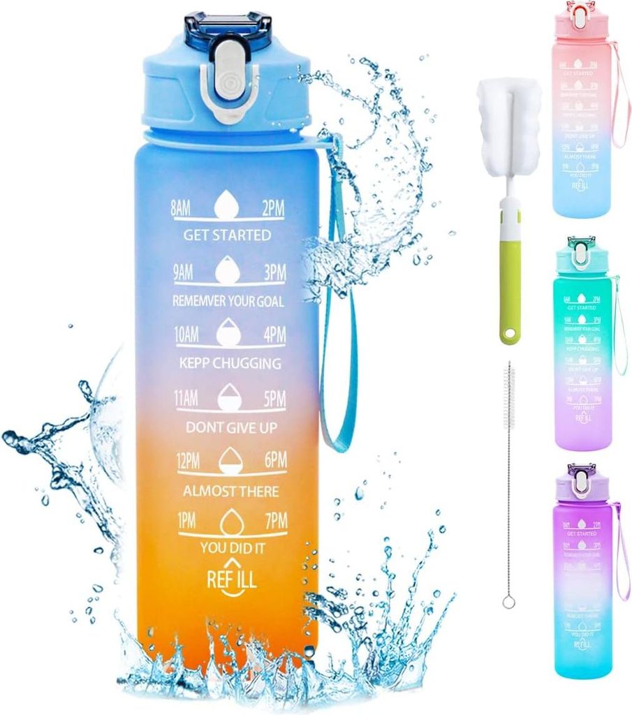 1 Liter Sport-Trinkflasche mit Strohhalm und Zeitmarkierungen, auslaufsicher und BPA-frei (hellblau)
