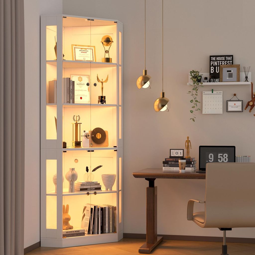 VOWNER Eckregal mit Glastüren, 205cm Beleuchtete Vitrine mit 3 Farblichtern für Sammlerstücke, Bücher,5-stöckiges Bücherregal mit Bewegungsse...