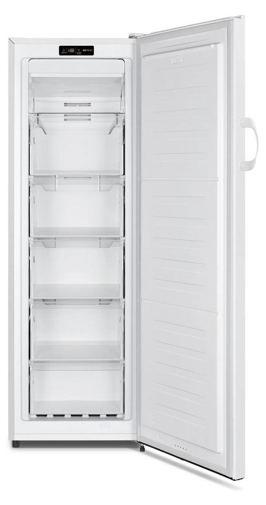 An open white freezer with multiple transparent drawers.