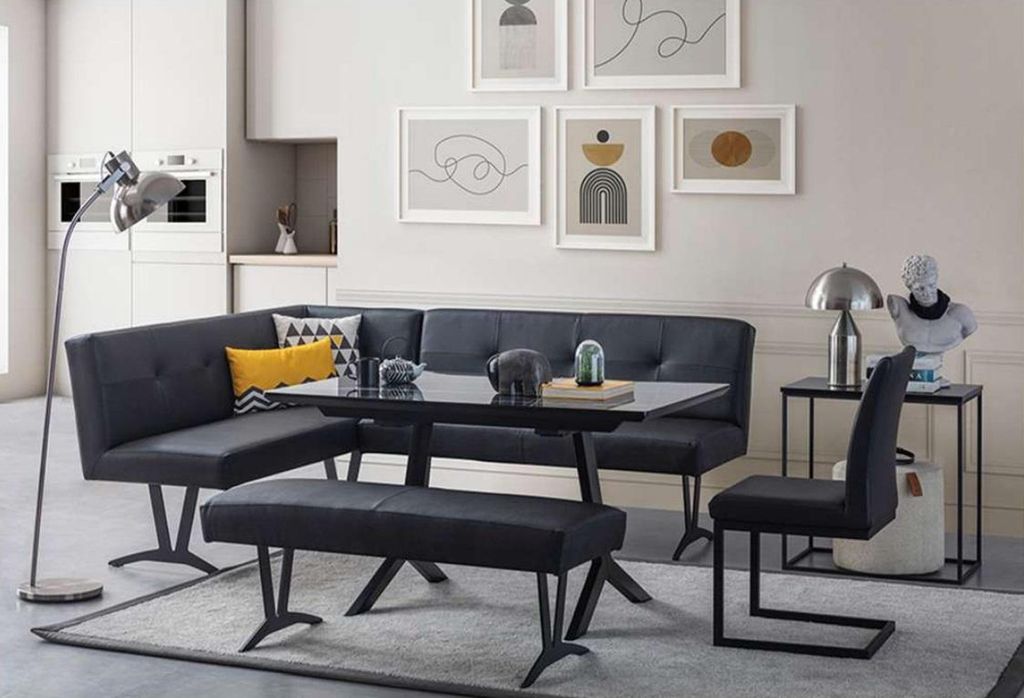 Stilvolles Schwarzes Esszimmer Set Leder Eckbank Sitzbänke Produktbild 