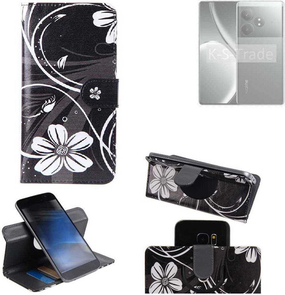 K-S-Trade Schutzhülle Handyhülle kompatibel mit Realme Gt Neo 6 SE Hülle 360° Wallet Case “Flowers“ Klapphülle Hülle schwarz-weiß 1x