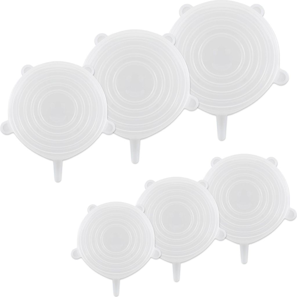 A set of six white silicone bowl covers arranged in two rows on a white background.