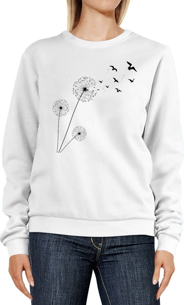 Sweatshirt Damen Pusteblume Vögel Dandelion Birds Rundhals-Pullover Pulli Sweater Neverless weiß XXL