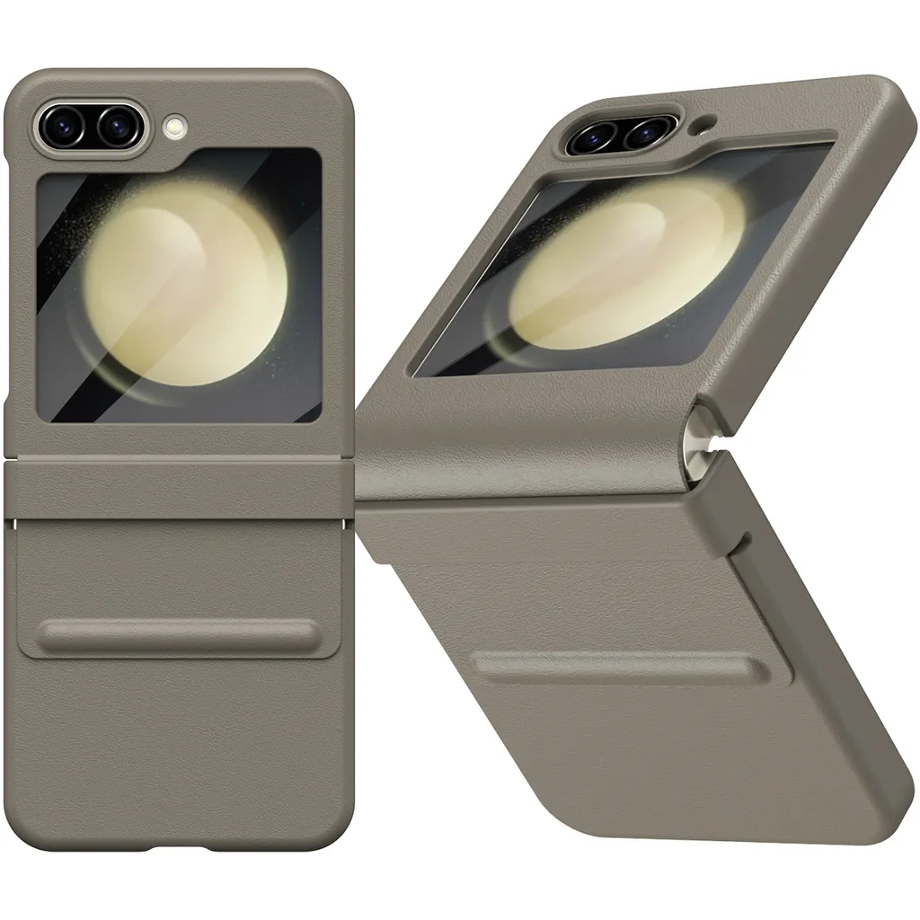Custodia in pelle per Samsung Galaxy Z Flip 5 con cerniera in pelle e protezione dello schermo marrone