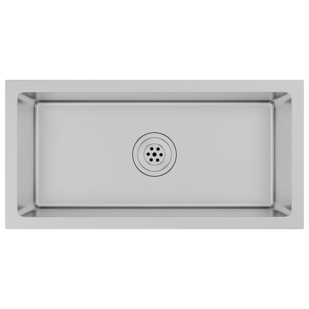 A top-down view of a stainless steel sink with a drain in the center.
