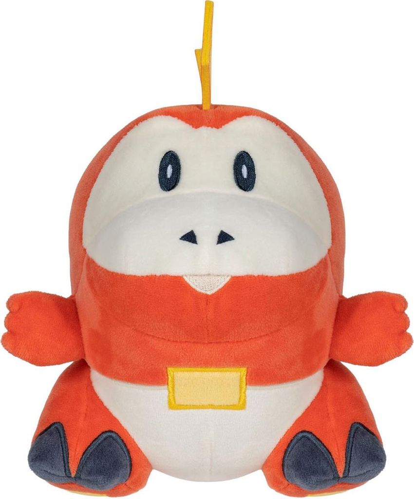 A plush toy of the Pokemon Fuecoco is shown against a white background.