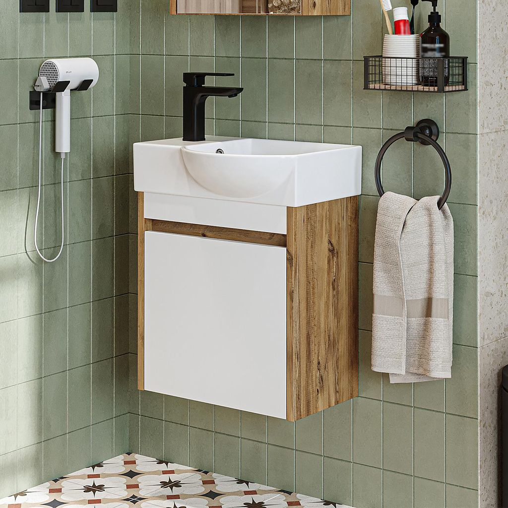 Roomart LEO Badmöbel Set– 2-teiliges Badezimmermöbel Set - Waschbecken mit Unterschrank - H 45 x B 24.5 x T 46.5 cm - Weiß-Eiche