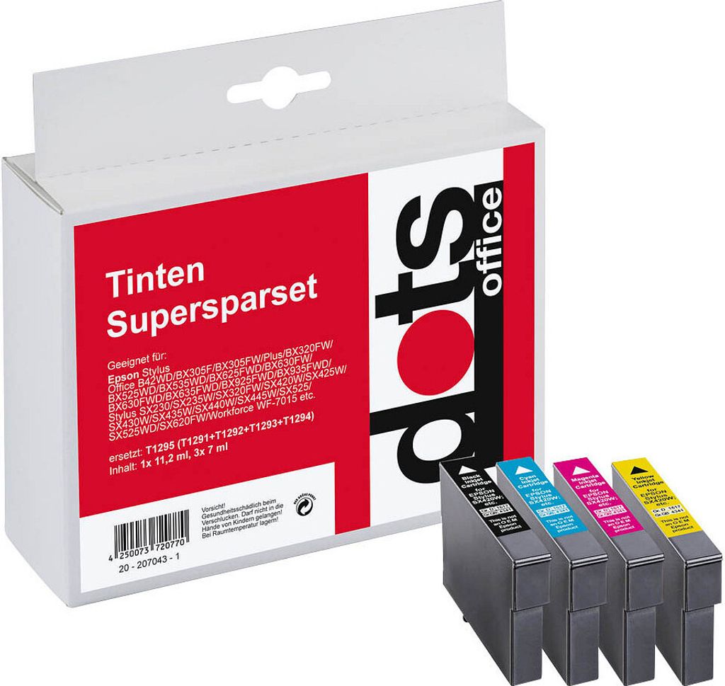 dots schwarz, cyan, magenta, gelb Druckerpatronen kompatibel zu EPSON T1295, 4er-Set