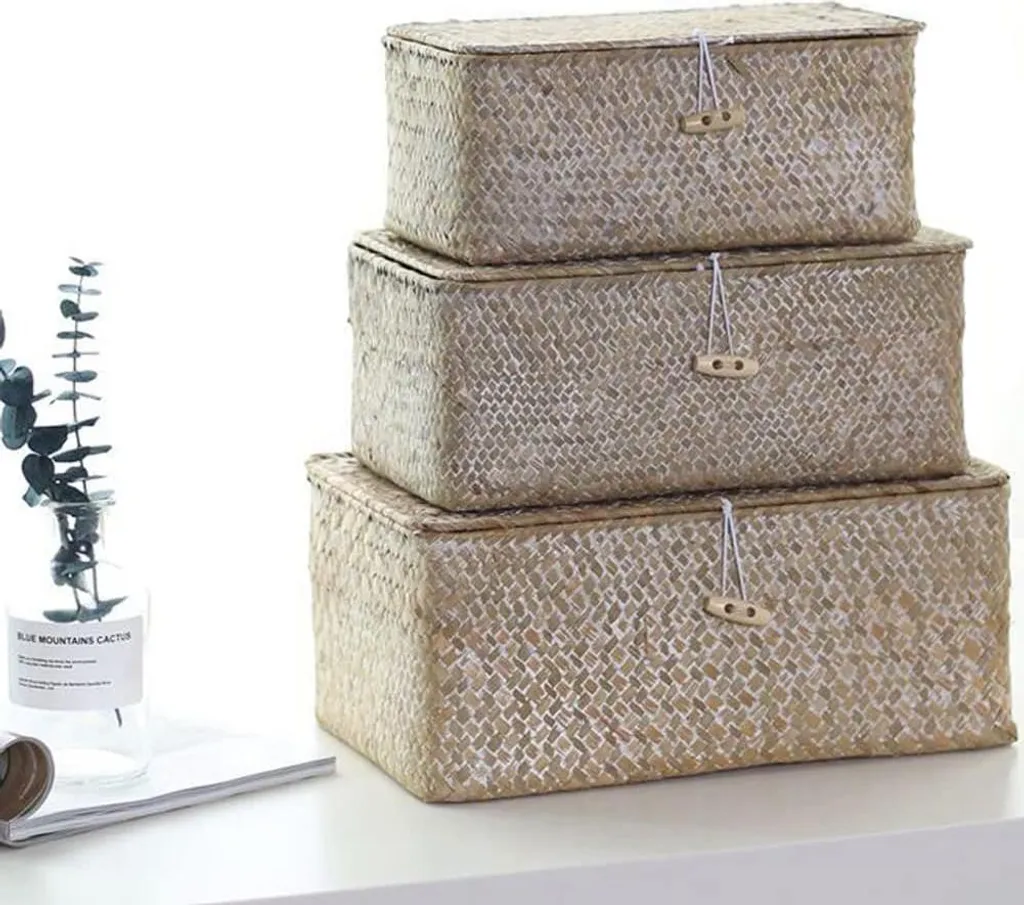Rangement étagère bibliothèque : Set de 3 paniers en rotin avec couvercle