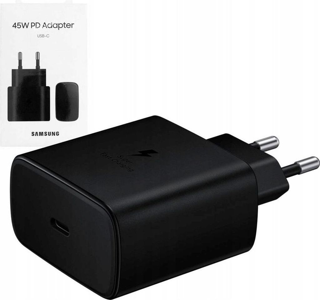A black Samsung 45W PD adapter with USB-C port and European plug is shown on a white background. A small box with product information is in the upper left corner.