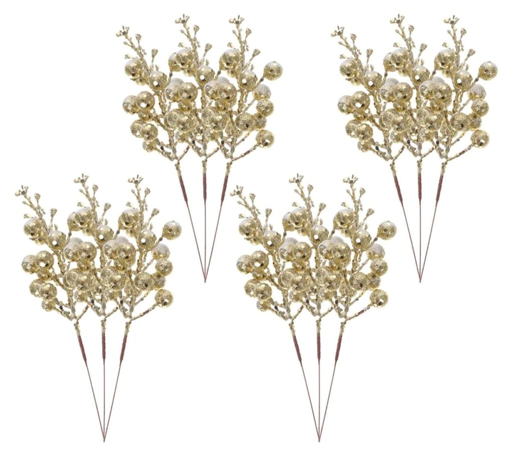 12 Stück Künstliche Beerenzweige in Gold mit Schneeflocken für Weihnachts- und Gartendekoration