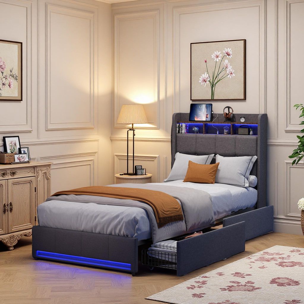 UnboxG Lit simple 90×200 cm Gris, lit rembourré en lin avec Image du produit 