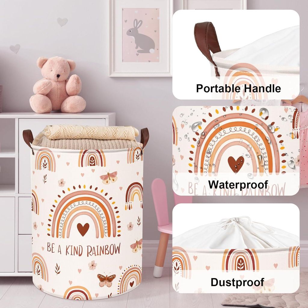 Boho Regenbogen rosa Kinderwaschkorb für Mädchen 63L - Große Kleidung Spielzeug Aufbewahrungsbox mit Deckel für das Kinderzimmer 40 x 50 cm