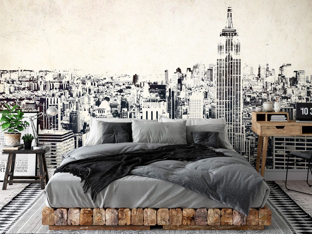 Vlies Fototapete New York 400x280 cm Tapeten Wandtapete XXL Stadt Retro Wolkenkratzer wie gemalt d-C-10009-a-a