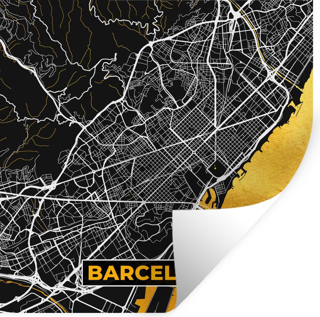 MuchoWow Wandtattoo Wandsticker Wandaufkleber Barcelona - Stadtplan - Karte - Gold 100x100 cm Selbstklebend und Repositionierbar - Wierderverwend...
