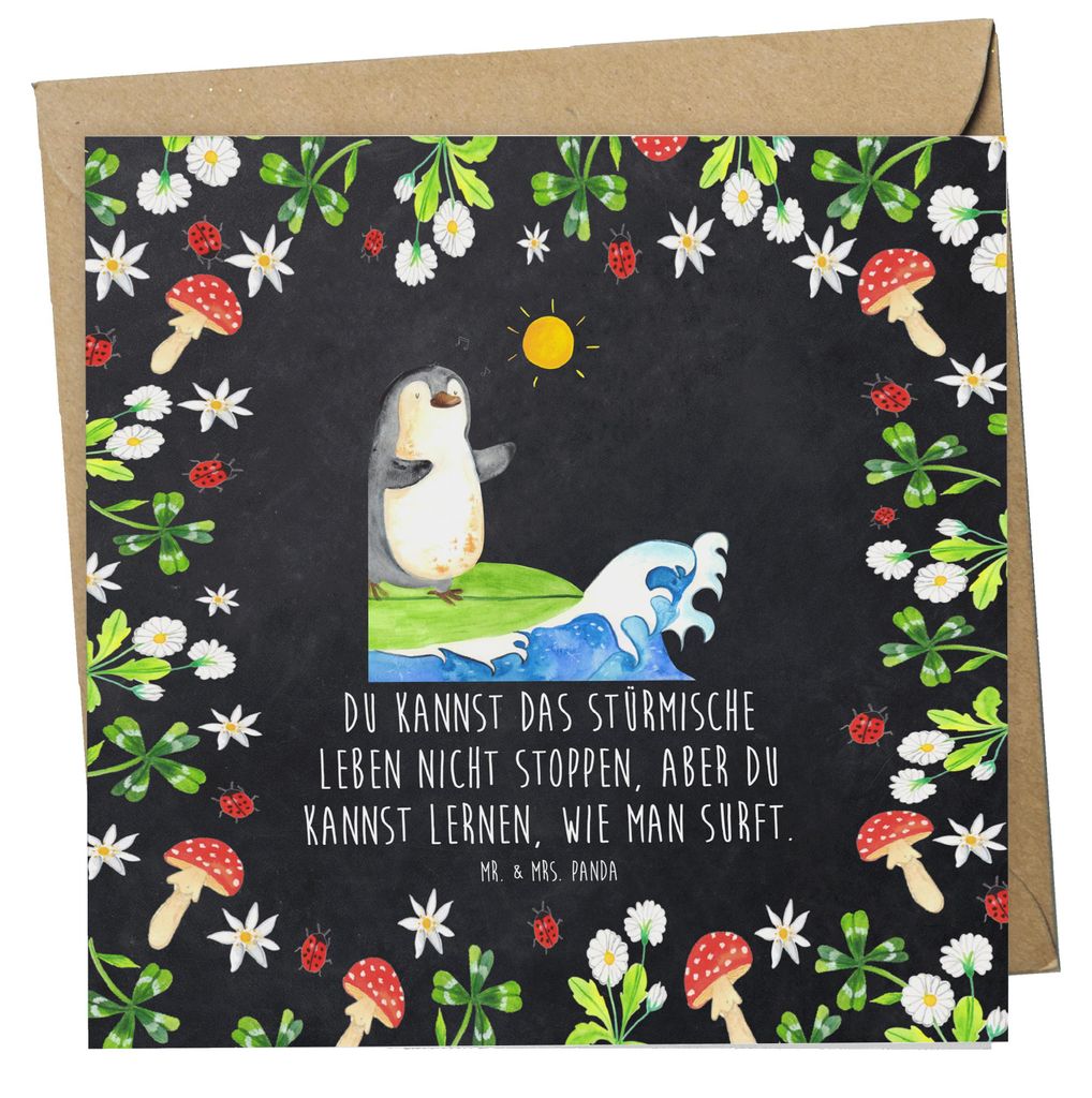 Mr. & Mrs. Panda Glückwunschkarte Pinguin Surfer - Kreidetafel - Geschenk, Klappkarte, Portugal, anlasskarte, doppelkarte, Grußkarte, faltkarte, ...
