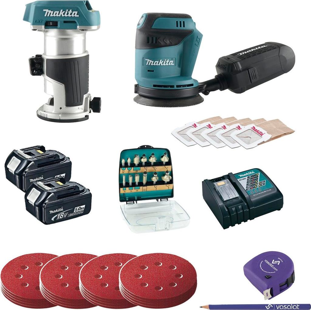 Makita Akku Exzenterschleifer 18V DBO180Z + Schleifscheiben Set 4-teilig K60/80/120/180 + Akku-Einhandfräse 18V DRT50Z, + Fräser 12-teilig, + 2x ...