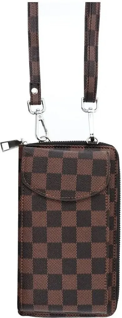 Borsa Smartphone Elegante Scacchi Marroni - Chiusura Zip Gold