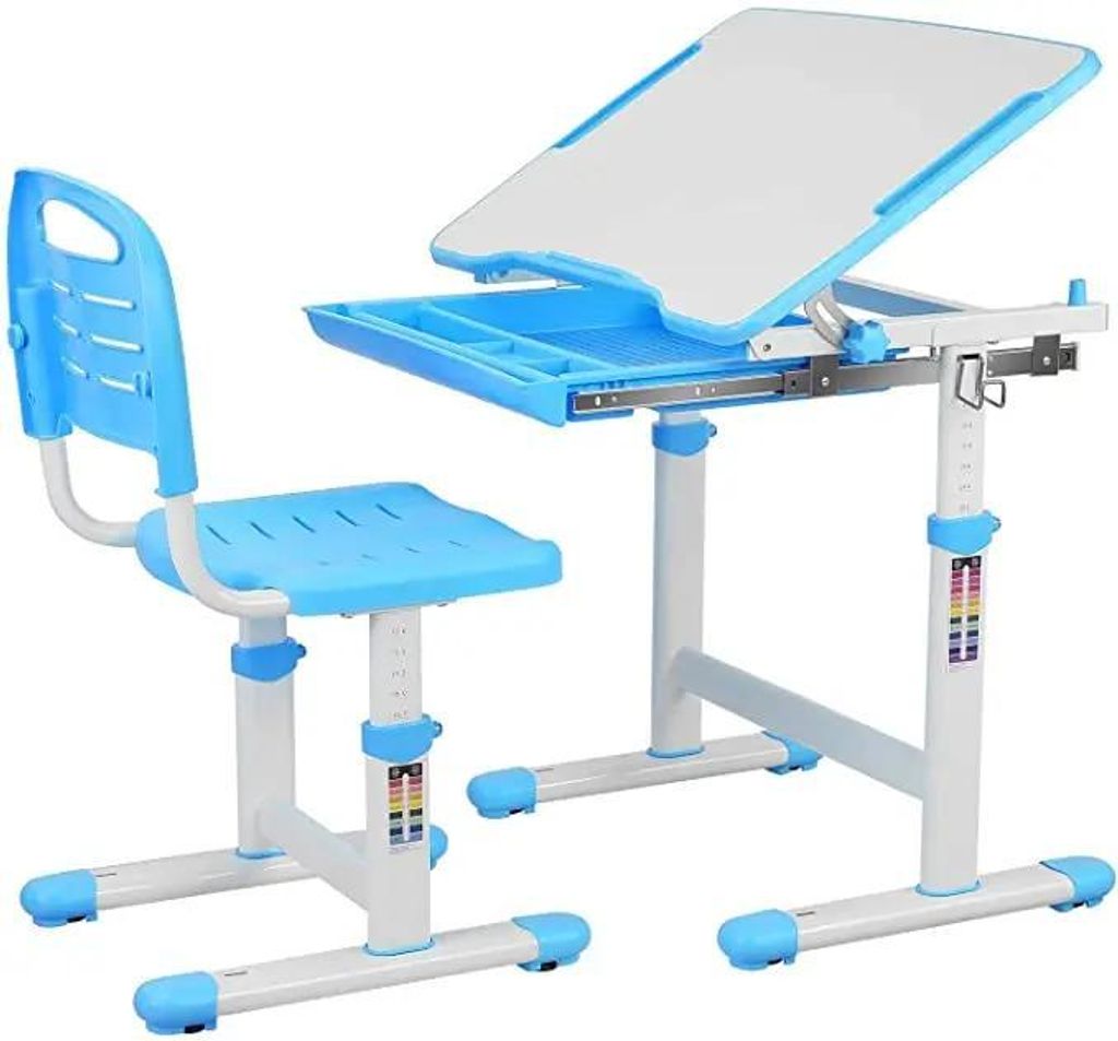 Kinderschreibtisch mit Stuhl - Höhenverstellbarer Schreibtisch für Kinder - Mit Schublade - Mit Buchständer - Kunststoff - Blau