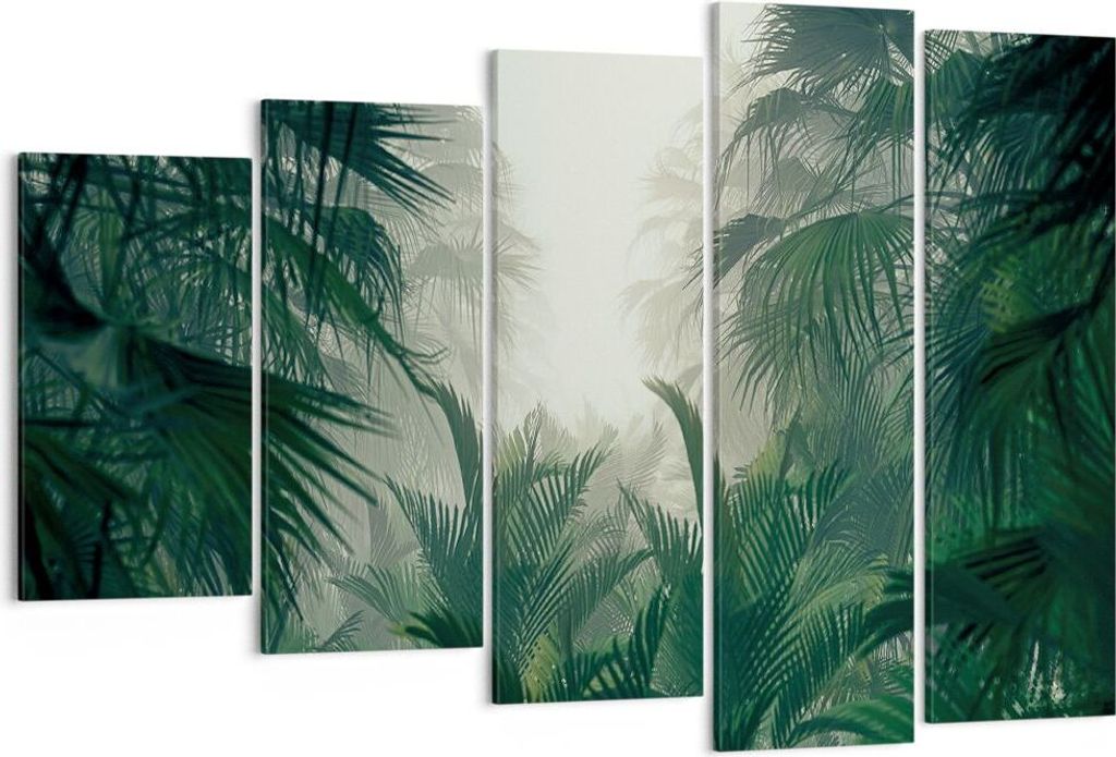 Bild auf Leinwand - Leinwandbild - 5 Teile - Dschungel Blätter Palmen - 150x100cm - Wand Bild - Wanddeko - Wandbilder - Leinwanddruck - Bilder - W...