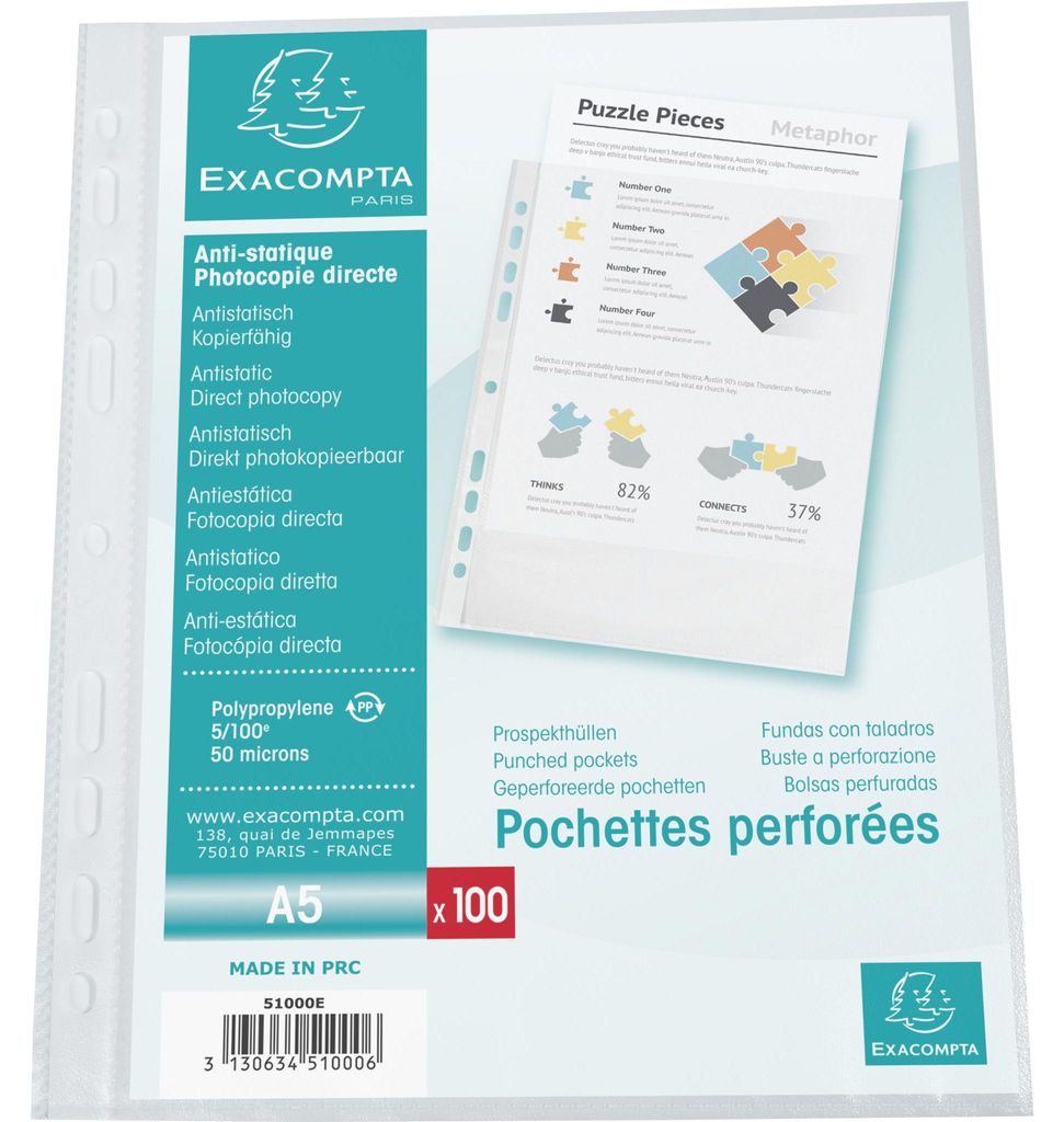 Exacompta 10x Pack 100 Prospekthüllen PP genarbt 50μ, A5, Kristall, 51000E