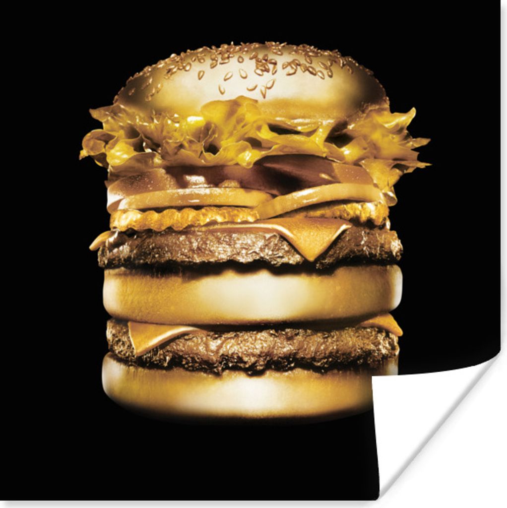 MuchoWow Poster Goldener Hamburger auf schwarzem Hintergrund. 75x75 cm - Wand Dekoration