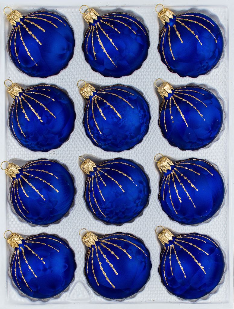 12 tlg. Glas-Weihnachtskugeln Set in "Ice Royal Blau Gold" Regen