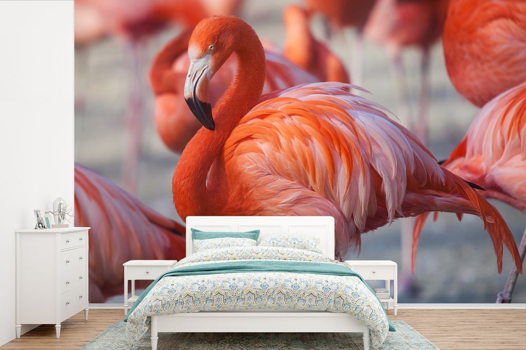 MuchoWow Fototapete für Wohnzimmer oder Schlafzimmer Wandtapete Vinyl Motivtapete Flamingo - Vogel - Tiere - Rosa - 450x300 cm - Gemusterte