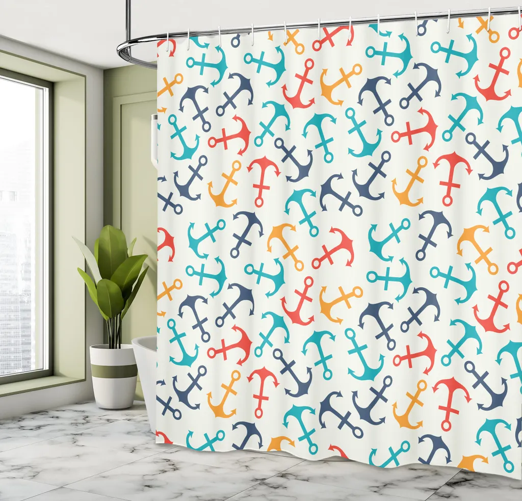 ABAKUHAUS Tenda da doccia con ancore, forma ad ancora con motivi tropicali, nave da crociera, traffico, mosca ripetuta, tessuto, set decorativo per bagno con ganci, 175x240 cm, multicolore beige