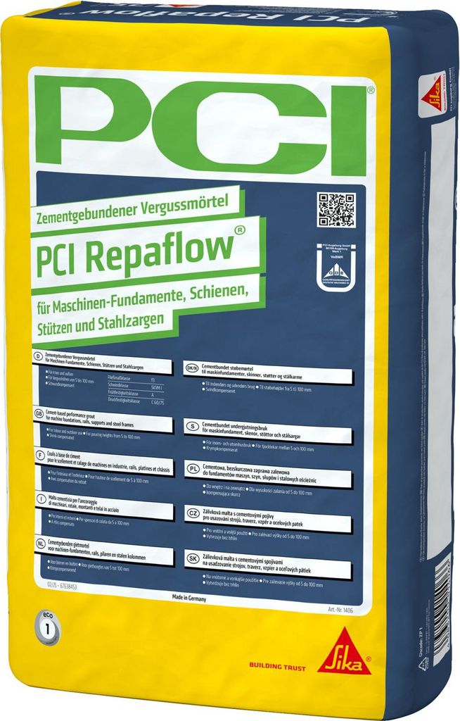 A bag of PCI Repaflow cement-bound grout mortar.