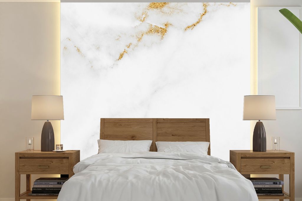 MuchoWow Fototapete für Wohnzimmer oder Schlafzimmer Wandtapete Vinyl Motivtapete Marmor - Gold - Weiß - Luxus - 300x300 cm - Wanddekoration