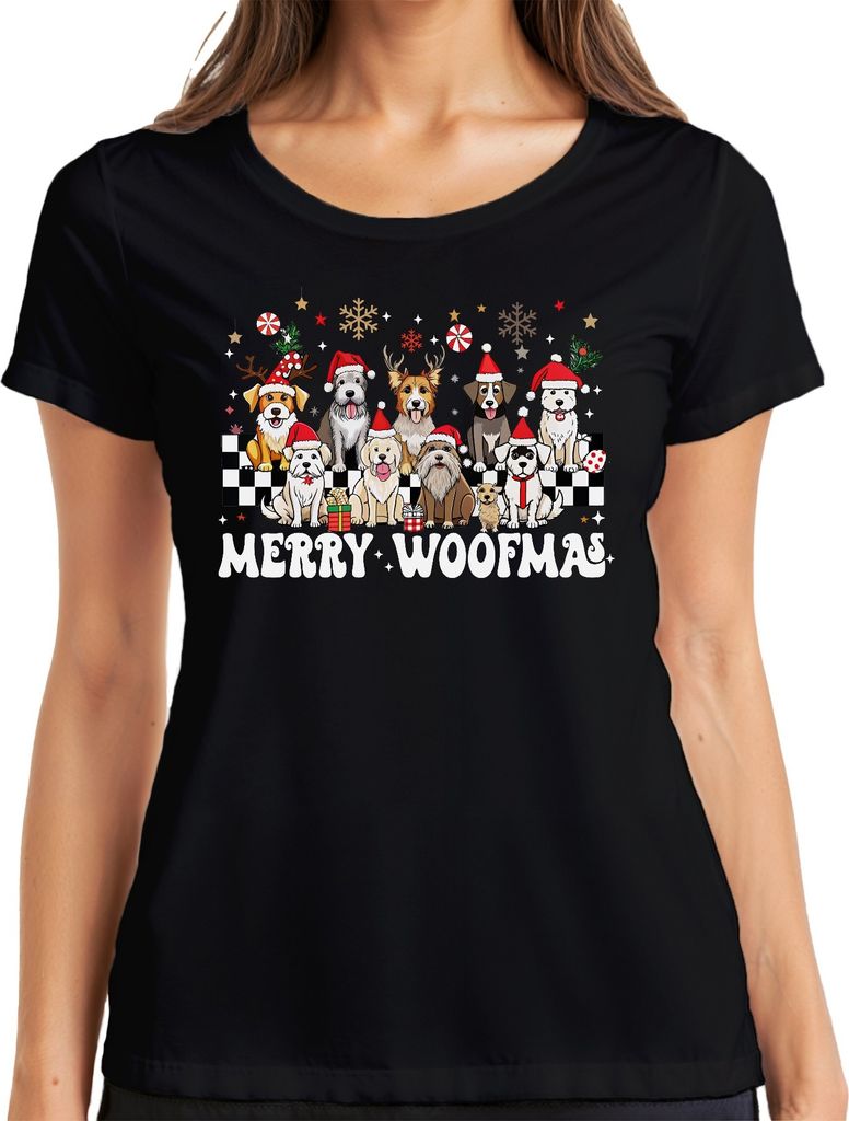 Merry Woofmas Hund Hunde Hundehalter - Weihnachten Xmas Christmas Damen T-Shirt, Schwarz, M