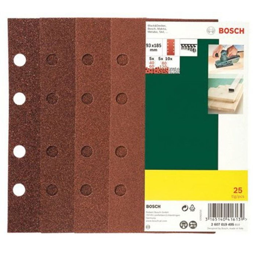 8 Löcher 93 x 185 mm 25-teilig Bosch Schleifblatt-Set für Schwingschleifer 