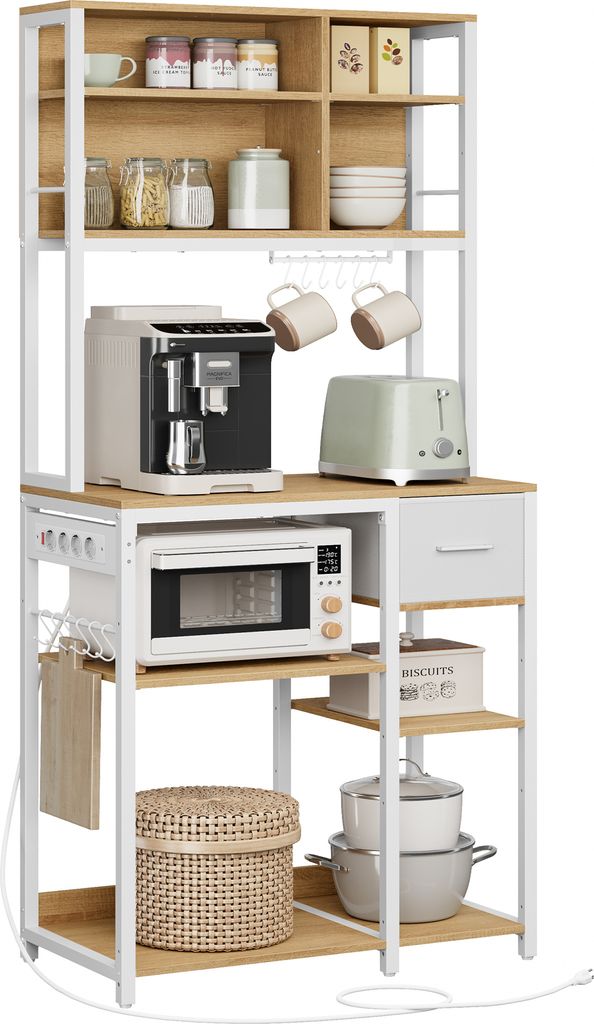 A kitchen shelf unit with various appliances and kitchenware.