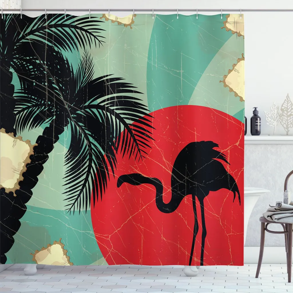Tenda Da Doccia Con Stampe Tropicali Rosa Leopardate E Palme - Tessuto In Poliestere Impermeabile Per Bagno, Set Completo Con 12 Ganci Inclusi, Decorazione Elegante E Resistente, 170x182 Cm