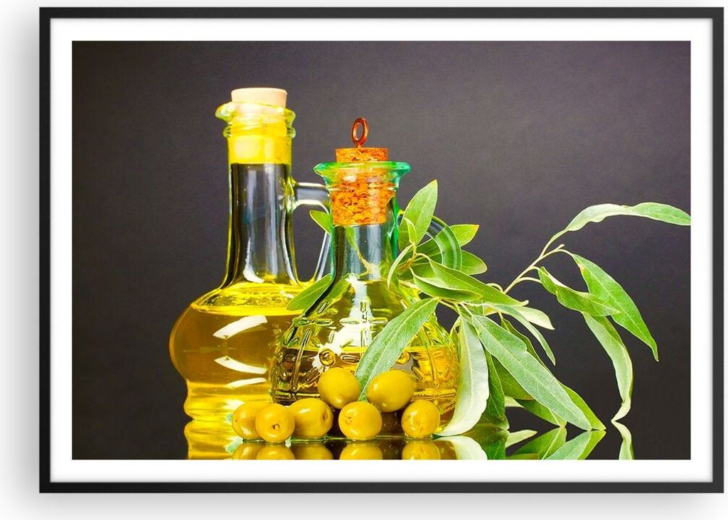 Gerahmtes Poster - Schwarzer Rahmen - Flasche Glas Olive Öl - 100x70 cm - Wand Bild - Wanddeko - Wandbilder - Wandposter - Bilderrahmen - Bilder -...