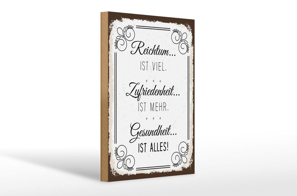 Holzschild Spruch Reichtum viel Zufriedenheit mehr 20x30cm