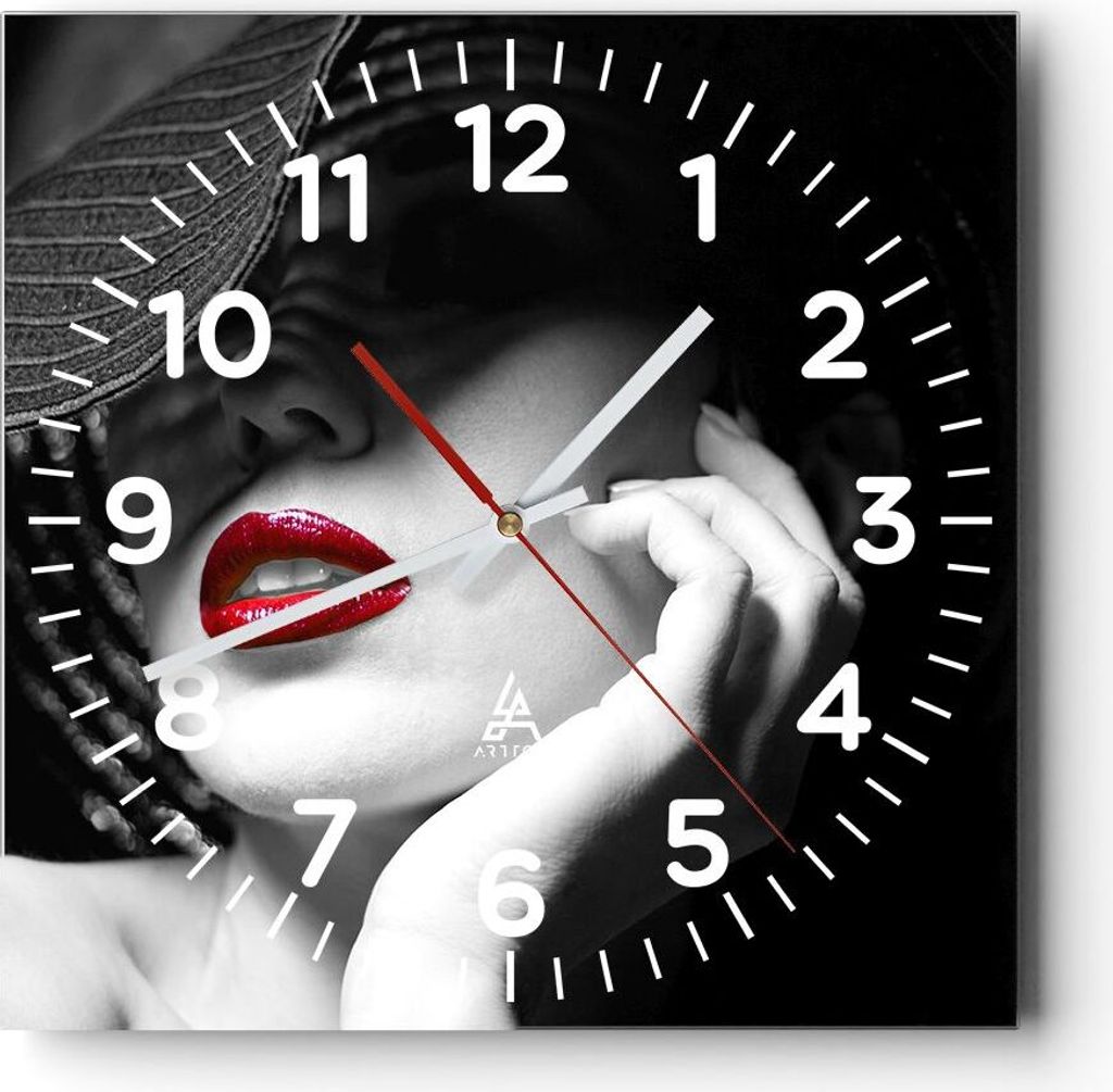 Wanduhr - Quadrat - Glasuhr - Frau Gesicht Lippen - 40x40cm - Schleichendes Uhrwerk - Lautlos - zum Aufhängen bereit - Dekoration Modern - Wanddek...