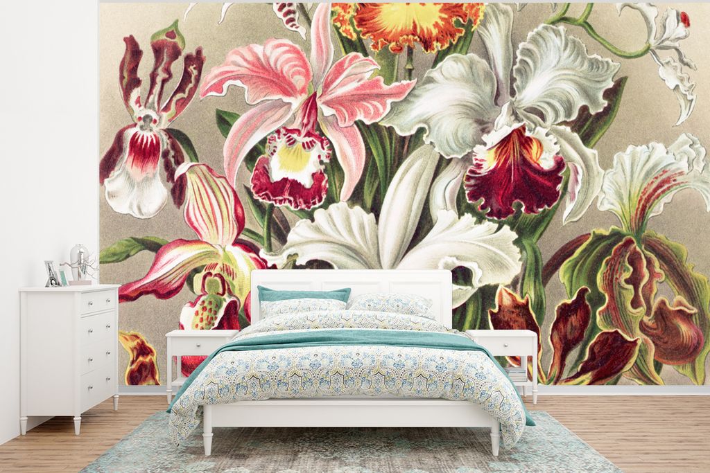 MuchoWow Fototapete für Wohnzimmer oder Schlafzimmer Wandtapete Vinyl Motivtapete Blumen - Ernst Haeckel - Jahrgang - Orchidee - 400x300 cm - Pa...
